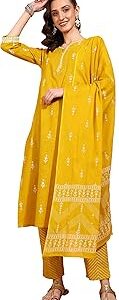 Women's Mustard Cotton Slub 3/4th Sleeve Notch Neck Calf Length Floral Printed Gotta Detailing Straight Kurta Set with Pant & Dupatta
