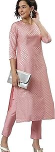 Women's Pink Poly Silk Floral Print Kurta with Pant