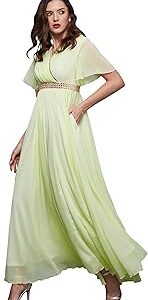 Women's V-Neck Flared/Bell Sleeves Solid Georgette Fit & Flare with Pockets Maxi Dress