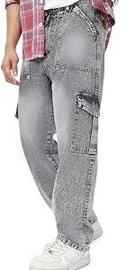 Men's Loose Baggy Fit Washed Cargo Jeans with 6 Pockets Non-Stretchable
