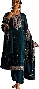 Women's Embroidered Silk Blend Calf Length Straight Kurta Pant And Dupatta Set (KH9MR6194)