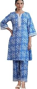 Women's Blue Pure Cotton Floral Printed Straight Co-ord Set