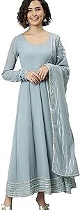 Women's Grey Poly Georgette Solid Kurta with Dupatta