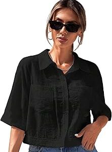 V-Collar Solid Crop Shirt for Women with Half Sleeves