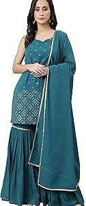 Women's Teal Georgette Embossed Gold Print Top with Gharara and Dupatta