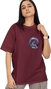 Women's Burgandy Oversized T-Shirturfing Astraunaut | Fresh and Premium