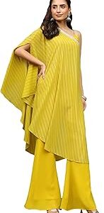 Women's Yellow Embellished Top With Pant and Cape Set
