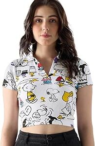 Official Peanuts: Playtime Women and Girls Short Sleeve All Over Print Slim Fit Cropped Polos