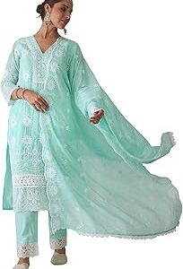 Women's Embroidered Pure Cotton Kurta Pant With Dupatta Set