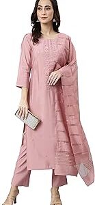 Women's Light Pink Poly Silk Embroidered Kurta with Pant and Dupatta