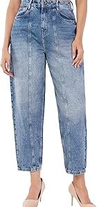Women's High-Waist Tapered Denim Jeans – Vintage Wash, Relaxed Fit, Stylish Seamed Design – Perfect for Casual, Work & Streetwear.