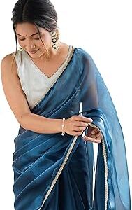 Women's Shimmer Chiffon Lace Border Saree With Unstitched Blouse Piece