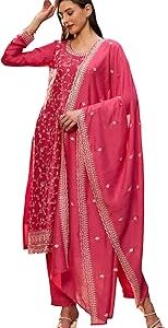 Women's Embroidered Silk Blend Calf Length Straight Kurta Pant With Dupatta Set (Kh9Pk6277)