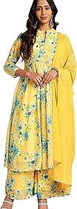 Women's Yellow Georgette Floral Gathered Kurta Set