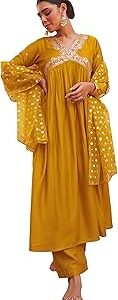 Women's Mustard Chanderi Emabellished Kurta with Palazzo and Dupatta