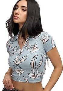 Official Looney Tunes: Bugs Women and Girls Short Sleeve Collared Neck Blue All Over Printed Slim Fit Cotton Cropped Polos