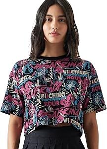Official Sabrina: Doodle Pattern Women and Girls Oversize Fit Half Sleeve Graphic Print Cotton Black Color Crop T-Shirt