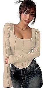 Women's Black Solid Long Sleeve Wrap-Style Square Split Crew Neck Bodycon Women T-Shirt Spring and Summer Top, Minimalist and Fashionable for Everyday Casual Wear Tops (T-Shirt 181)