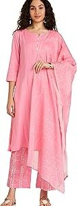 Women Peach Cotton Straight Kurta Palazzo Suit Set