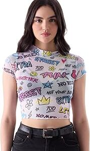 Graffiti Pattern Women Slim fit Half Sleeve Cotton White Color Cropped Tops Crop Top for Girl Women Round Turtle Halter Neck Printed Shoulder Rib Knit Tank Top Ribbed