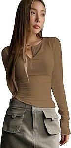 Women's & Girl's Long Sleeve Round Neck Solid Color Ruched Workwear Casual Top Half Button Down Henley Regular Fit T-Shirt for Women (Top 128)