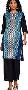 Women's Cotton Round Neck Straight Kurta-Yarn Dyed 38" L 3/4 SLV with Parallel Pant