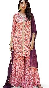 Women's Peach Georgette Digital Floral Printed Kurta with Sharara and Dupatta