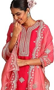 Women's Poly Silk Pink Embroidered Straight Kurta Trouser with Dupatta Set