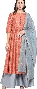 Women's Peach Poly Silk Foil Printed Kurta with Palazzo and Dupatta