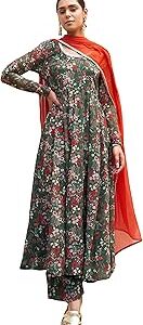 Women's Bottle Green Georgette Digital Floral Printed Kurta with Palazzo and Dupatta