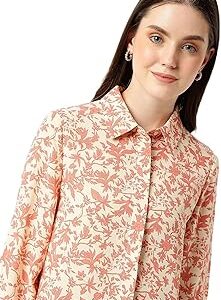 Womens Floral Polyester Collared Neck Slim Fit Shirt