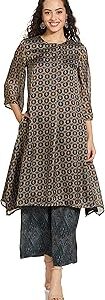 Women Khaki Poly Cotton A-Line Kurta Palazzo Suit Set