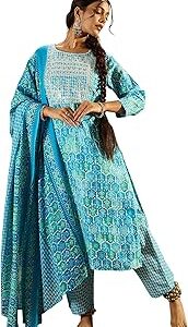 Women's Pure Cotton Printed Straight Kurta With Pant & Dupatta Set (Sea Green_IE13KS0SG1727)