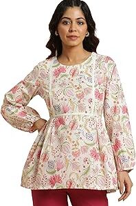 Women Ecru Gathered Regular Fit Top with Bright Floral Print