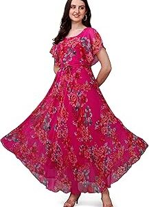 Women's Georgette Floral Digital Print Short Sleeve Full-Length Fit & Flare Long Gown Dress for Girls (LN-X9TQ-MN1D)
