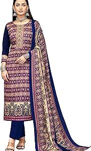 Women's Printed Woolen Pashmina Unstitch Salwar Suit Dress Material with Printed Woolen Warm Shawl Dupatta