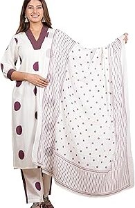 Women's White Cotton Cambric Polka Dot Print Calf Length V-Neck with Kantha Work Detaliing 3/4 Sleeves Straight Kurta with Pant and Duptta (White)
