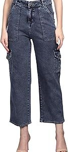Fashion Cargo Jeans for Women High Waist Straight Fit Stretchable Denim -1215