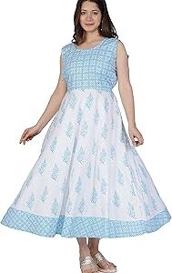 Women's Cotton Jaipuri Printed Kurti Long Midi Maxi Dress Free Size Up to 44XL - Multi17