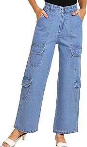Fashion Women High Waist Baggy Wide Leg Straight Fit Cargo Jeans (WJ11-1211-$)