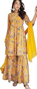 Women's Georgette Digital Floral Printed Kurta with Sharara and Dupatta