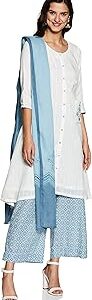 Women White And Blue Cotton A-Line Kurta Palazzo Suit Set