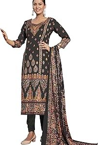 Women's Printed Woolen Pashmina Unstitch Salwar Suit Dress Material with Printed Woolen Warm Shawl Dupatta