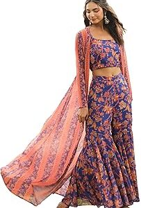 Women's Navy Blue Georgette Floral Printed Crop Top with Sharara and Jacket Co-Ord Set