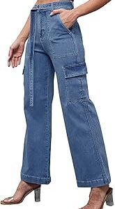 Women's Wide Leg High Rise Regular Length Stretchable Cargo Denim Jeans