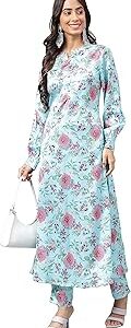 Women's Aqua Blue Satin Digital Floral Printed Kurta with Pant