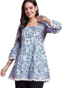 Women's Pure Cotton Jaipuri Printed Tunic (JOPLJPR4025-P_Light Blue_P)
