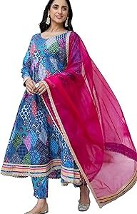 Women's Blue Cotton Ethnic Printed Kurta with Pant and Dupatta