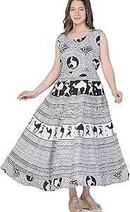 Women's Cotton Jaipuri Printed Kurti Long Midi Maxi Dress (Free Size Up to 44XL) - Multi32 Black