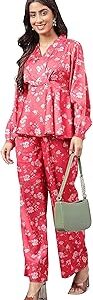 Women's Red Satin Digital Floral Printed Co-ords Set
